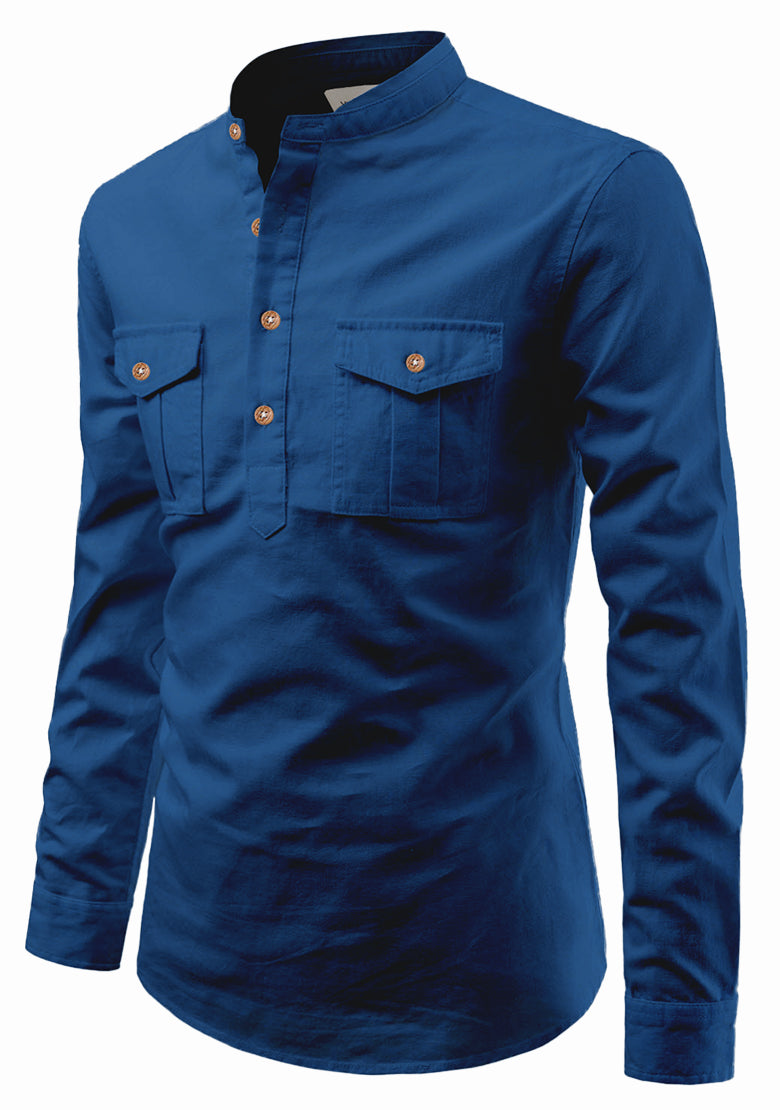 BLUE ROBED men's Casual Slim Fit Full Sleeve Double Pocket Cotton Kurta in Royal view 50
