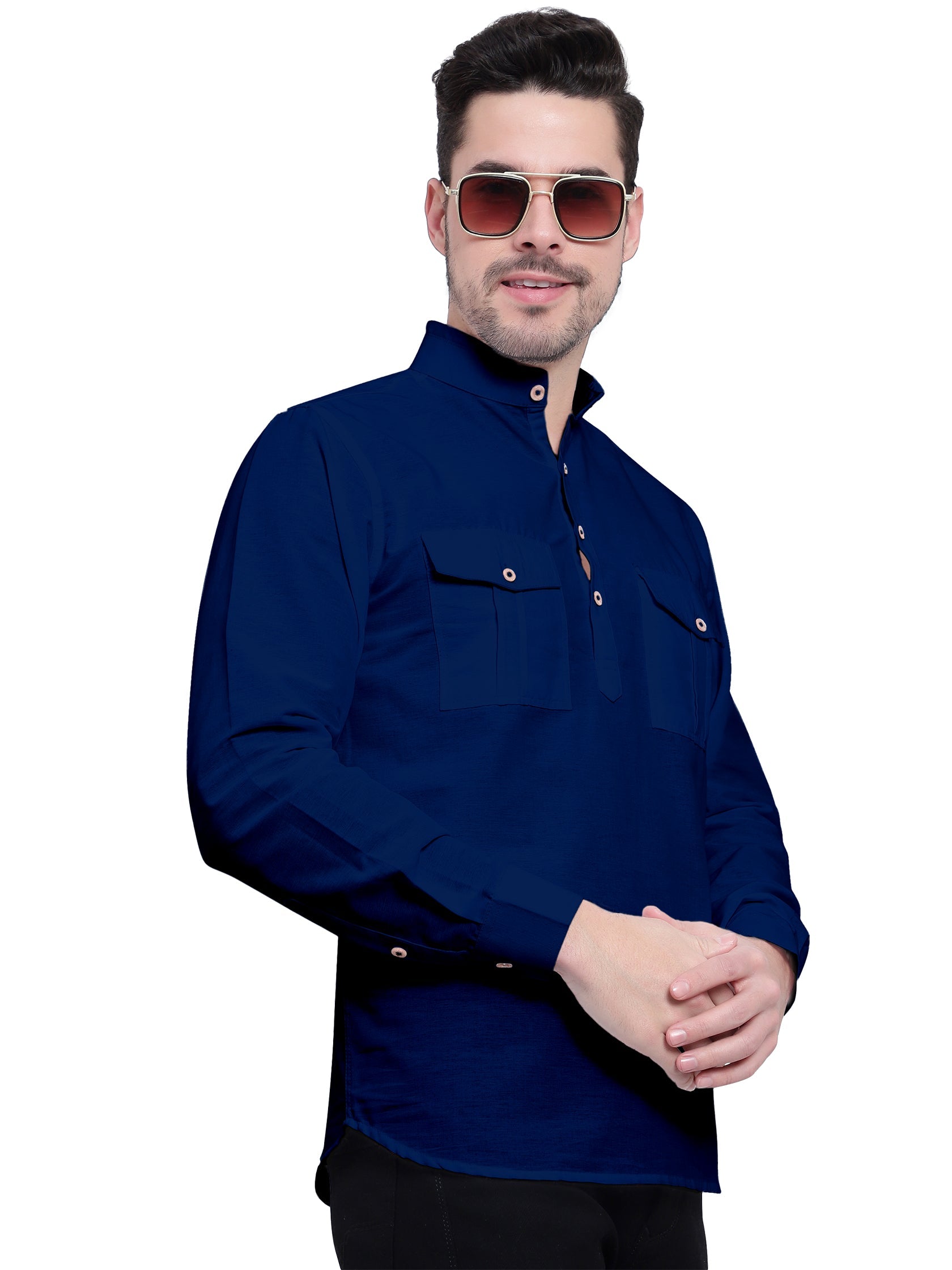 BLUE ROBED men's Casual Slim Fit Full Sleeve Double Pocket Cotton Trendy Kurta in Royal view 59