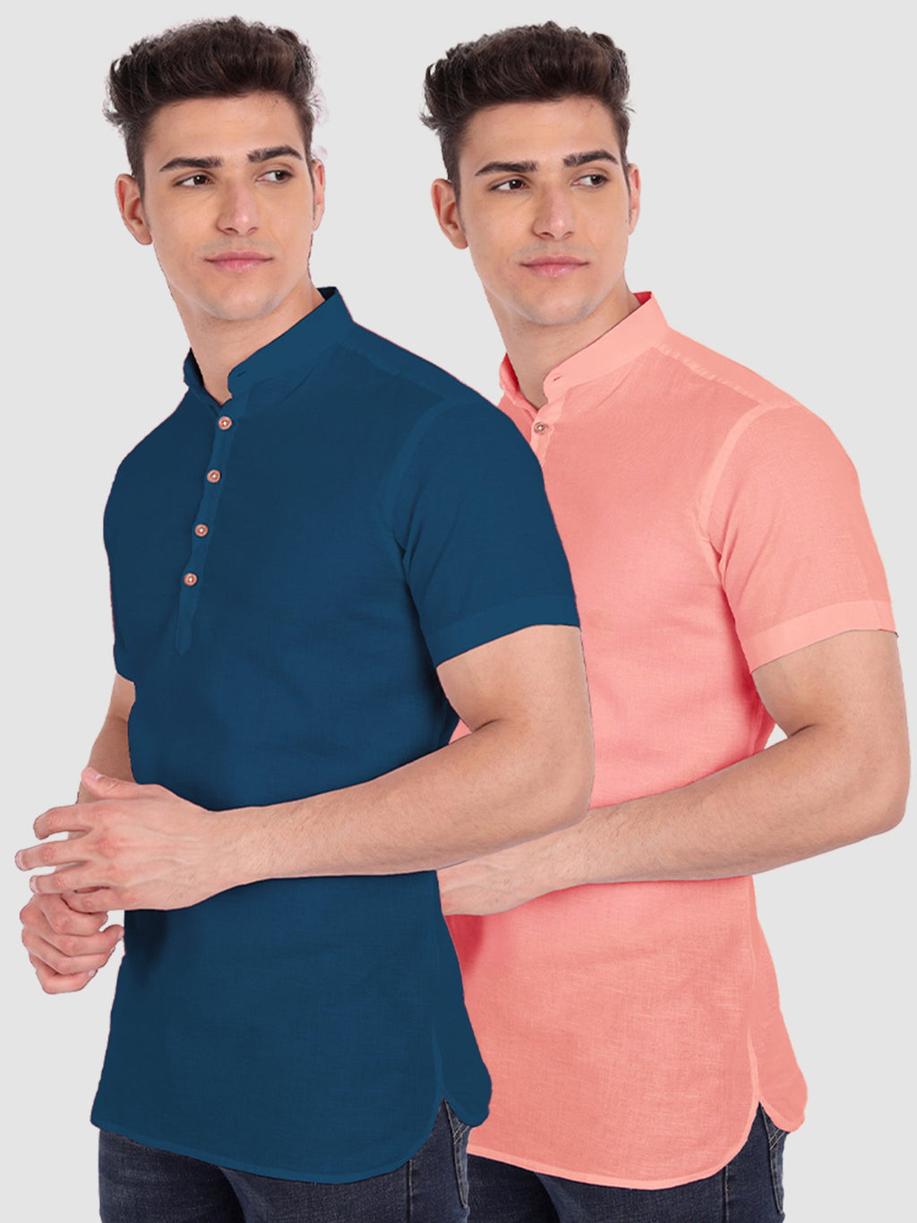 BLUE ROBED men's Casual Slim Fit Half Sleeve Cotton Kurta (Pack 2) in Royal view 5