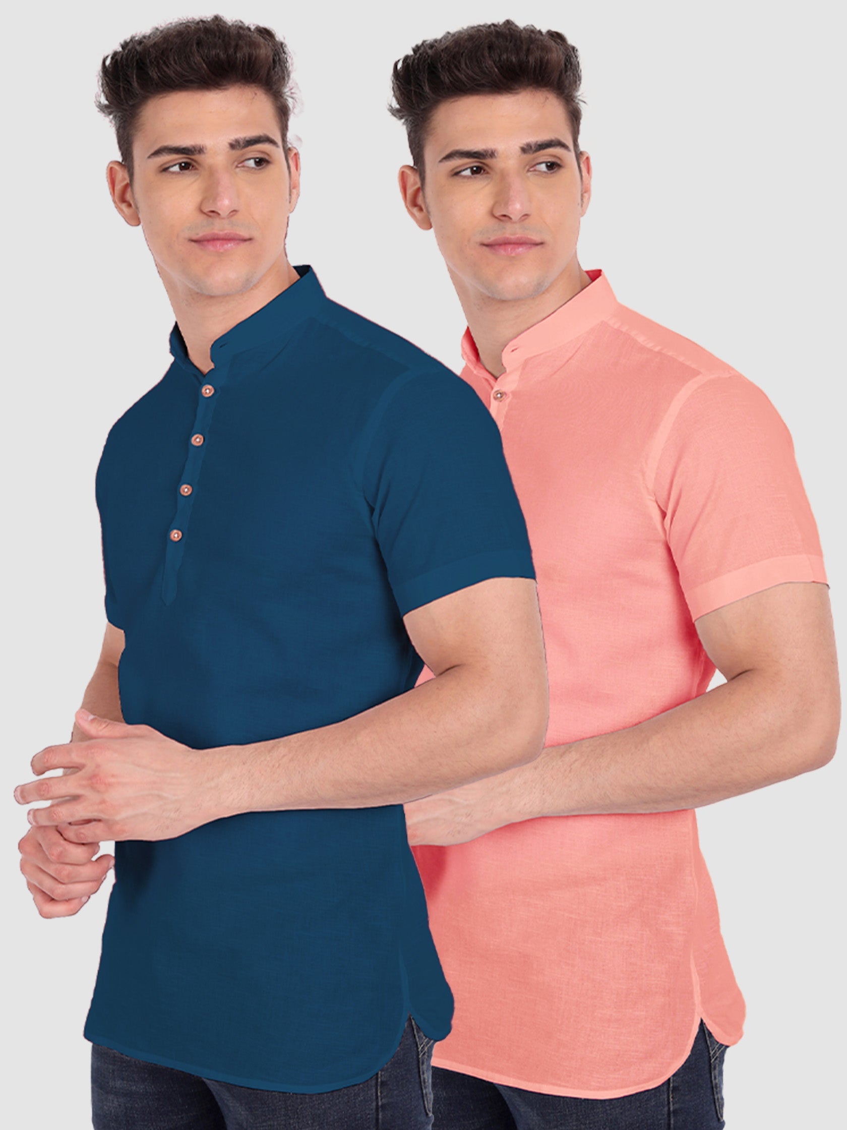 BLUE ROBED men's Casual Slim Fit Half Sleeve Cotton Kurta (Pack 2) in Royal view 5