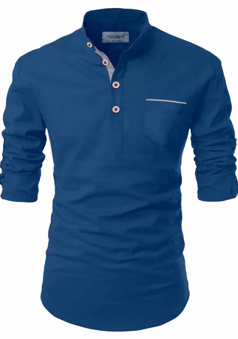 BLUE ROBED men's Casual Slim Fit Full Sleeve Pocket Contrast Kurta in Royal Blue view 56