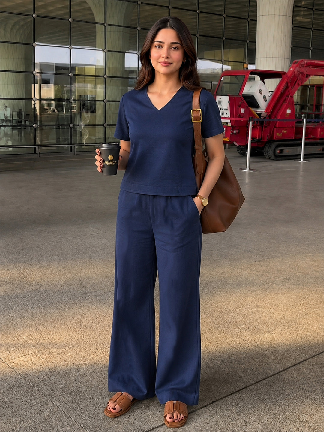 Women's Two Piece Set, Royal Blue, V-Neck Top with Wide Leg Trousers, Short Sleeve Main image