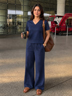 Women's Two Piece Set, Royal Blue, V-Neck Top with Wide Leg Trousers, Short Sleeve