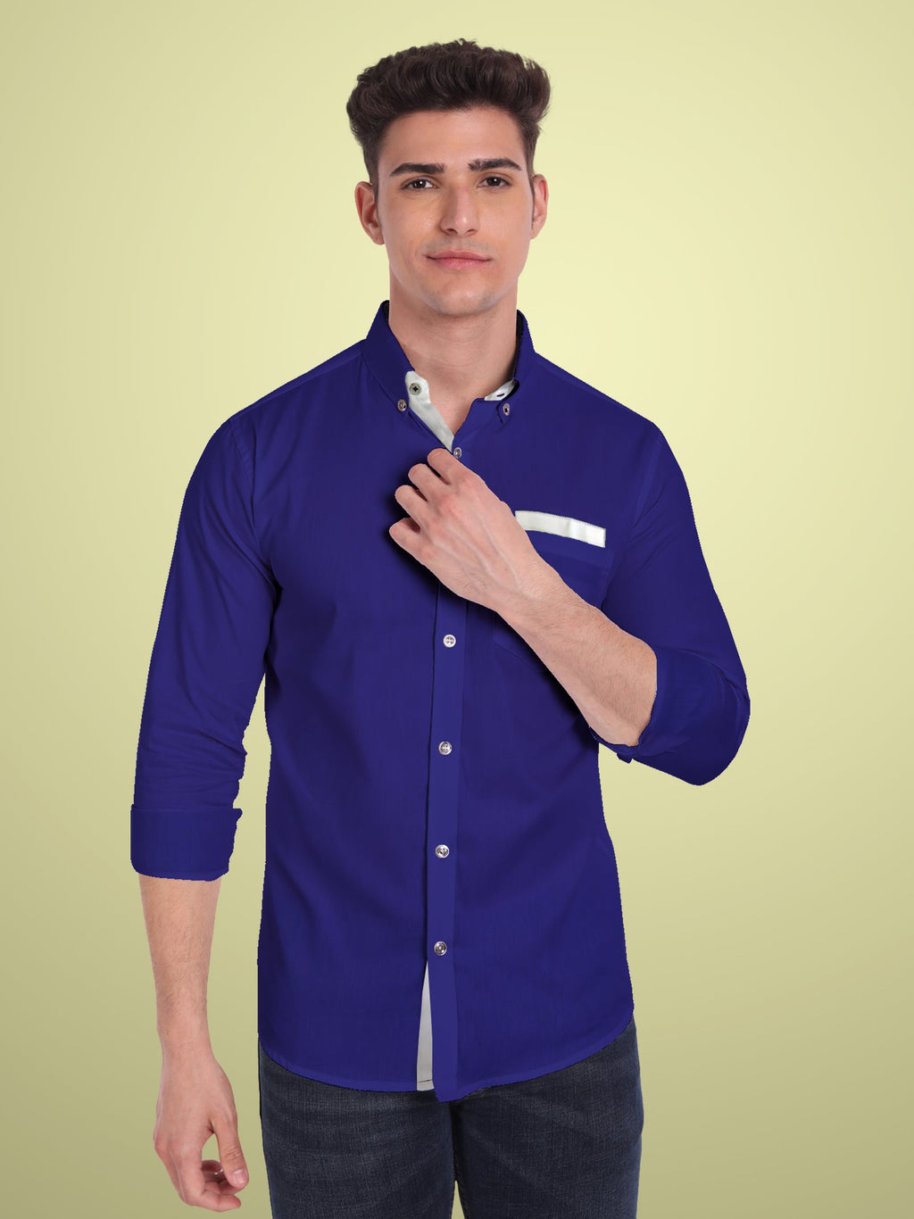 Men's Casual Full Sleeve Silver Button Shirt in White by BLUE ROBED, front view