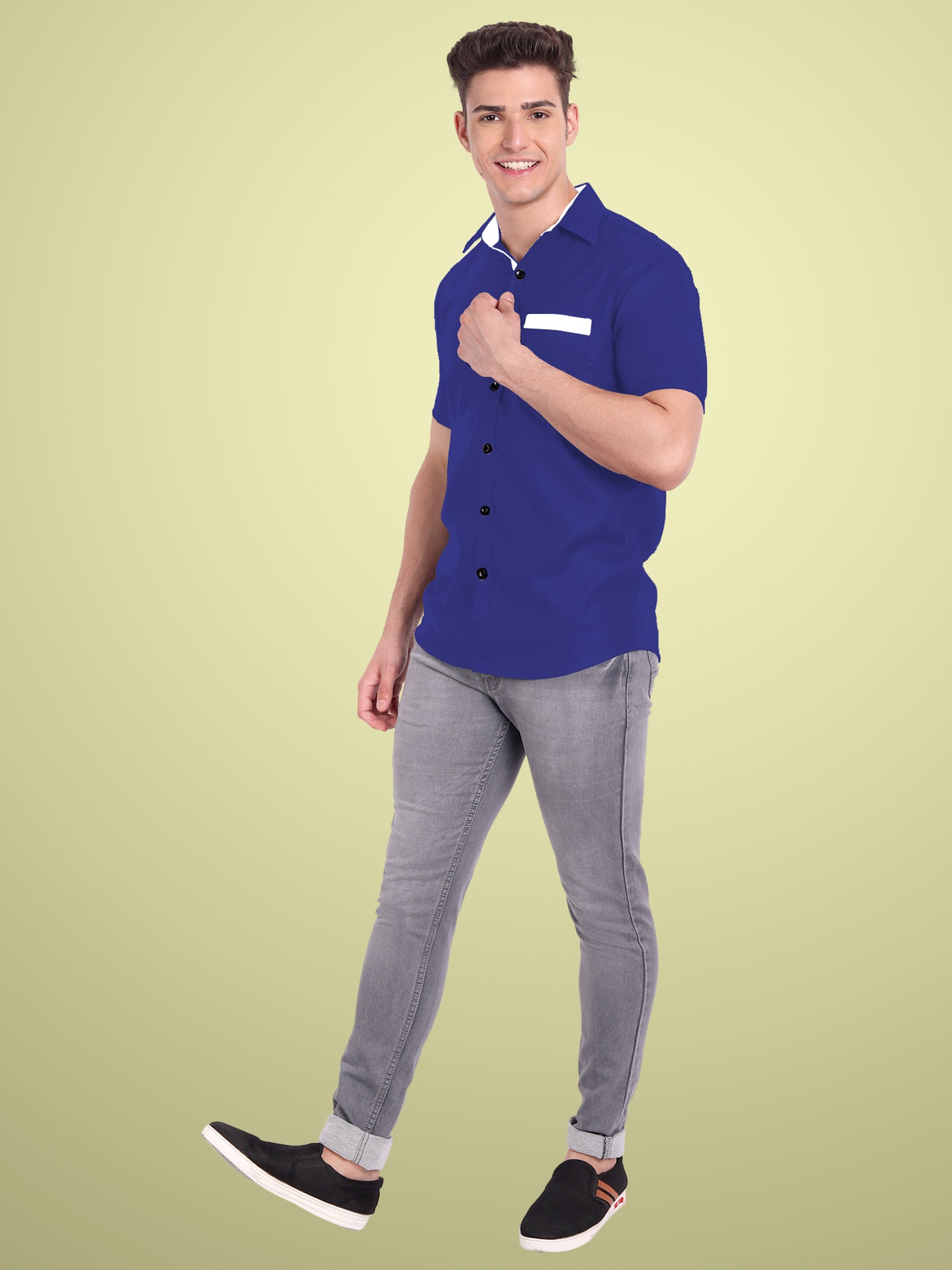 Men's Casual Half Sleeve Silver Button Shirt in Black by BLUE ROBED, front view
