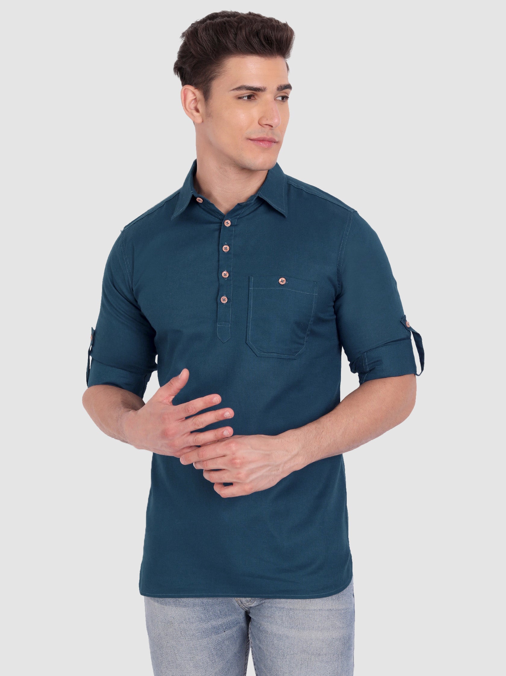 BLUE ROBED men's Full Sleeve Casual Cotton Kurta in Royal Blue view 52