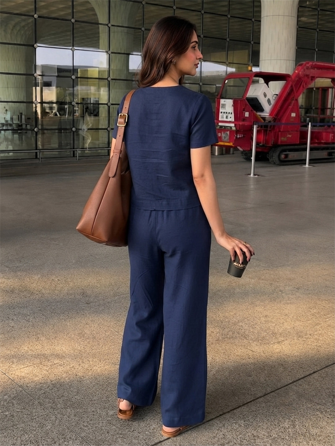 Women's Two Piece Set, Royal Blue, V-Neck Top with Wide Leg Trousers, Short Sleeve Secondary image
