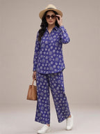 Women's Two Piece Set, Royal Blue, Shirts with Wide Leg Trousers, Full Sleeve