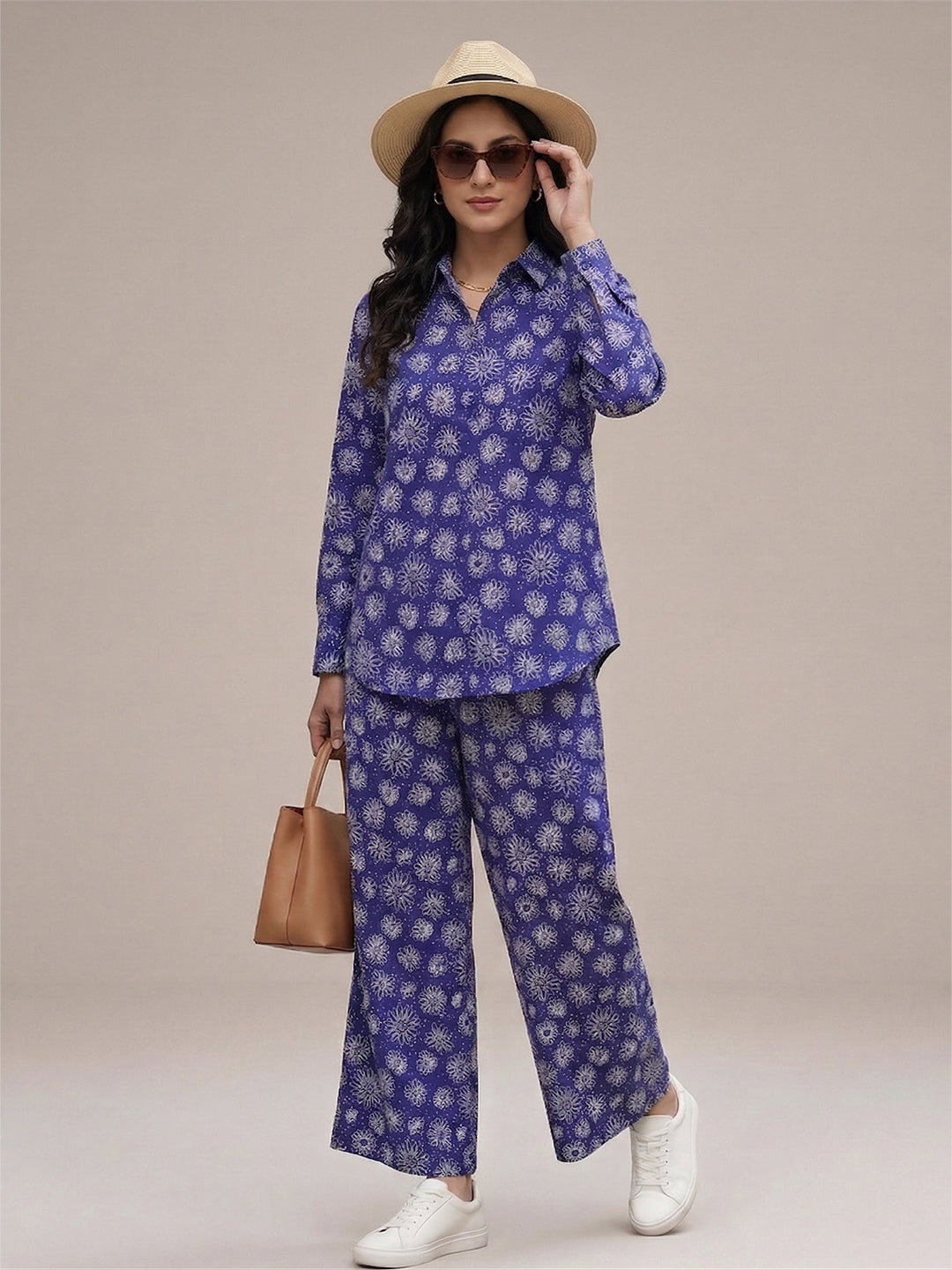 Women's Two Piece Set, Royal Blue, Shirts with Wide Leg Trousers, Full Sleeve