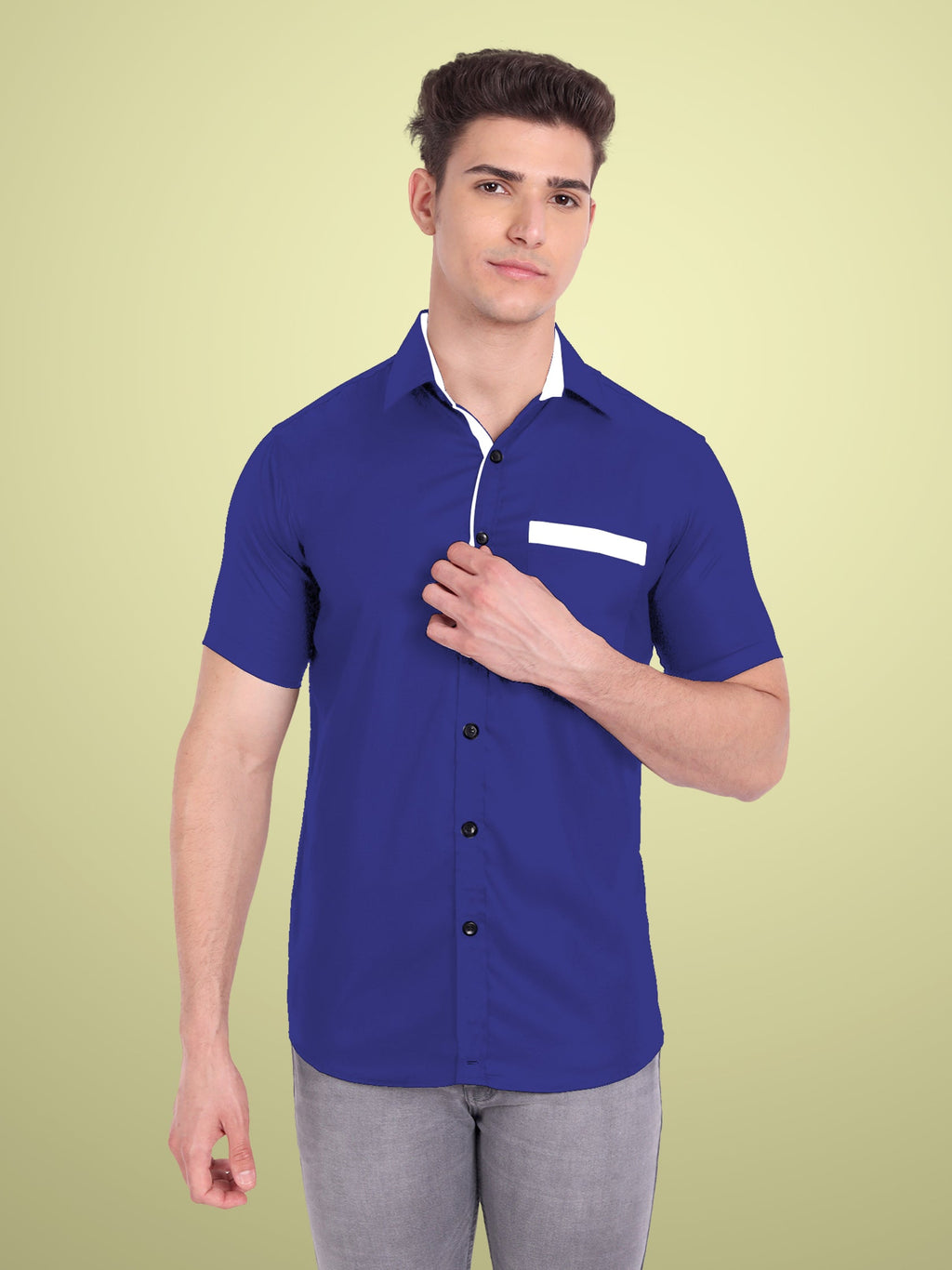 Men's Casual Half Sleeve Silver Button Shirt in Black by BLUE ROBED, side view