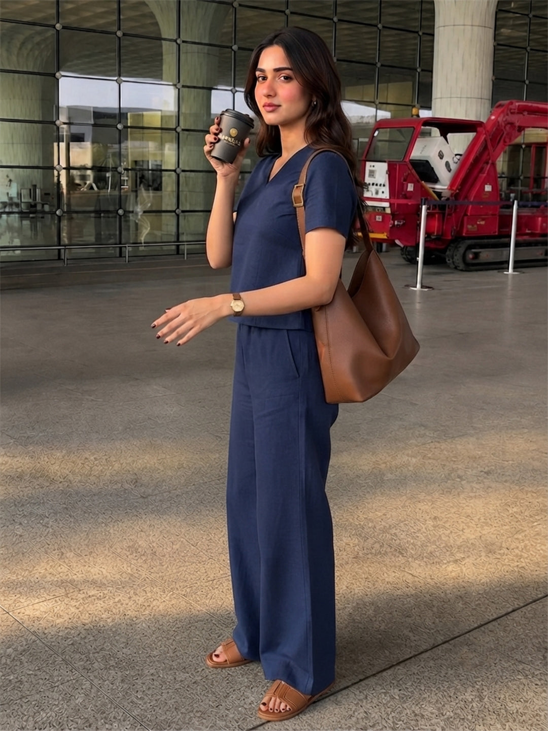 Women's Two Piece Set, Royal Blue, V-Neck Top with Wide Leg Trousers, Short Sleeve