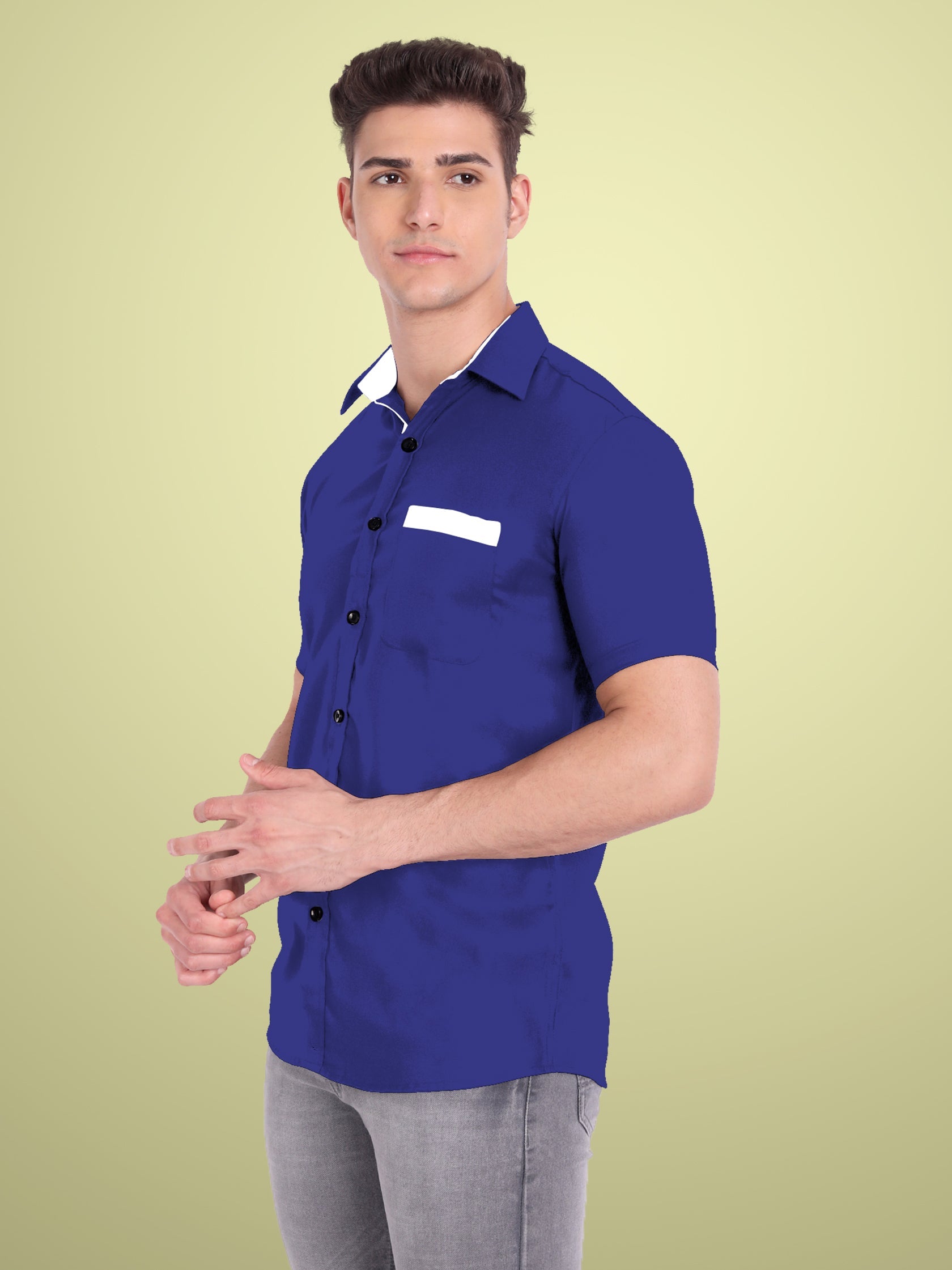 Men's Casual Half Sleeve Silver Button Shirt in Black by BLUE ROBED, back view