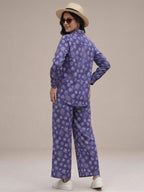 Women's Two Piece Set, Royal Blue, Shirts with Wide Leg Trousers, Full Sleeve