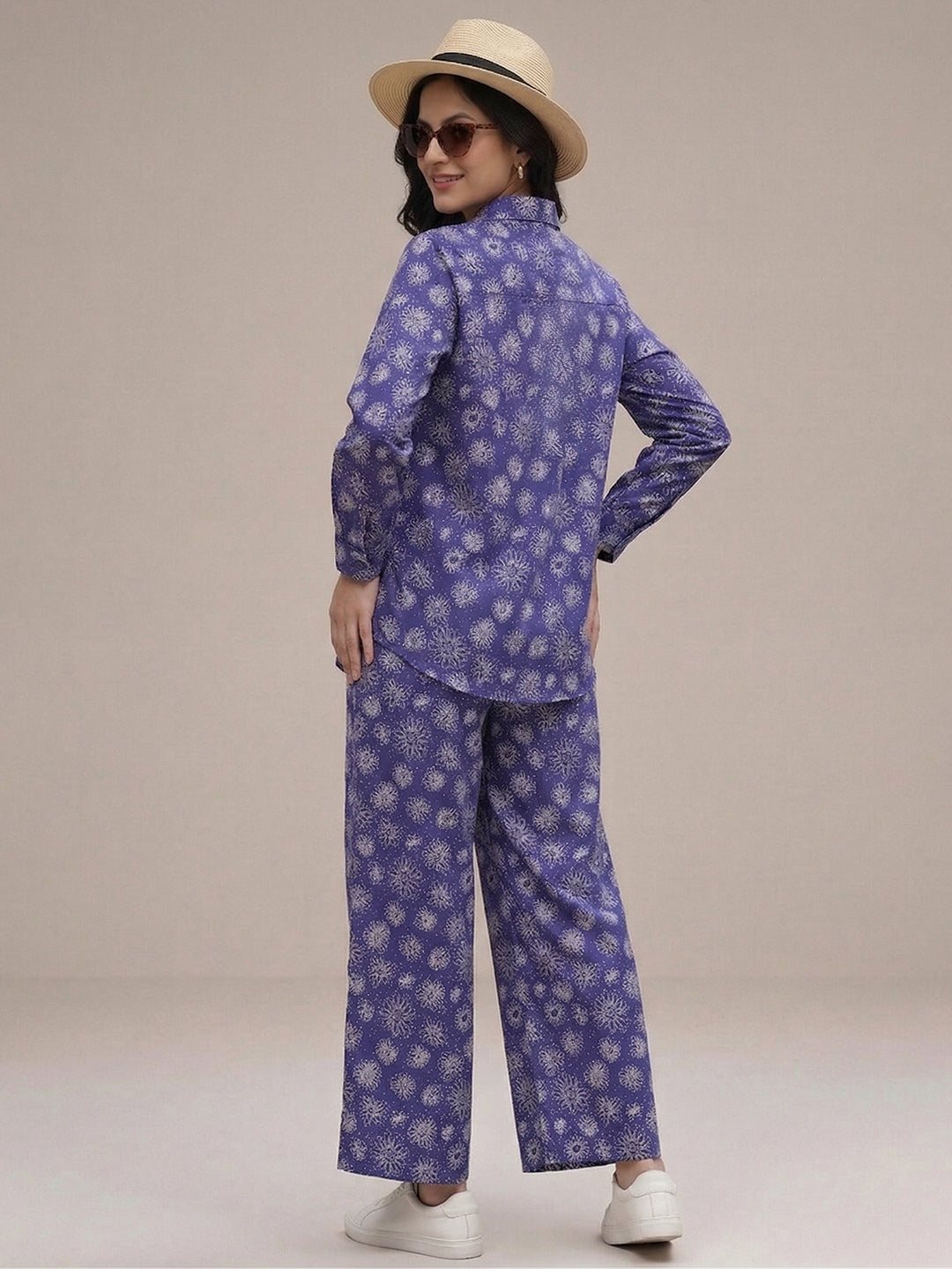 Women's Two Piece Set, Royal Blue, Shirts with Wide Leg Trousers, Full Sleeve