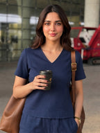 Women's Two Piece Set, Royal Blue, V-Neck Top with Wide Leg Trousers, Short Sleeve