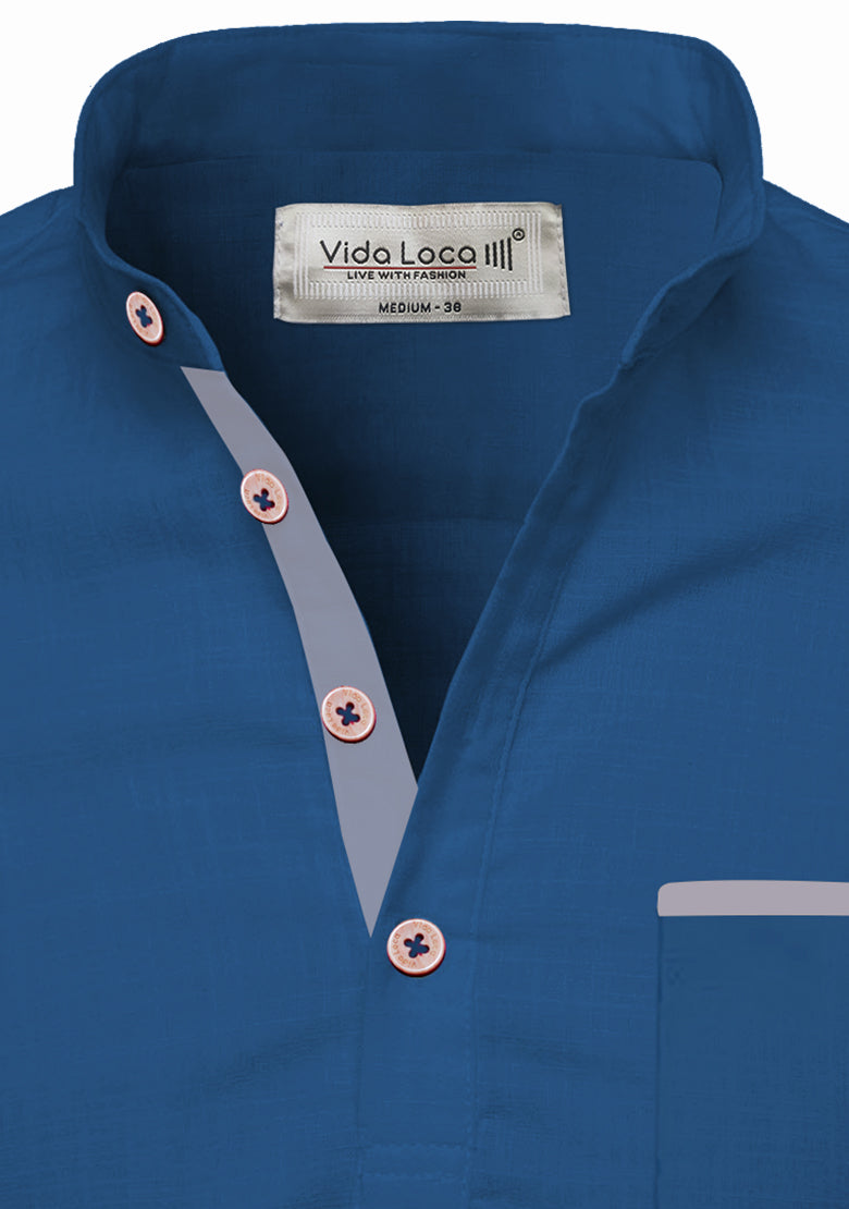 BLUE ROBED men's Casual Slim Fit Full Sleeve Pocket Contrast Kurta in Royal Blue view 60