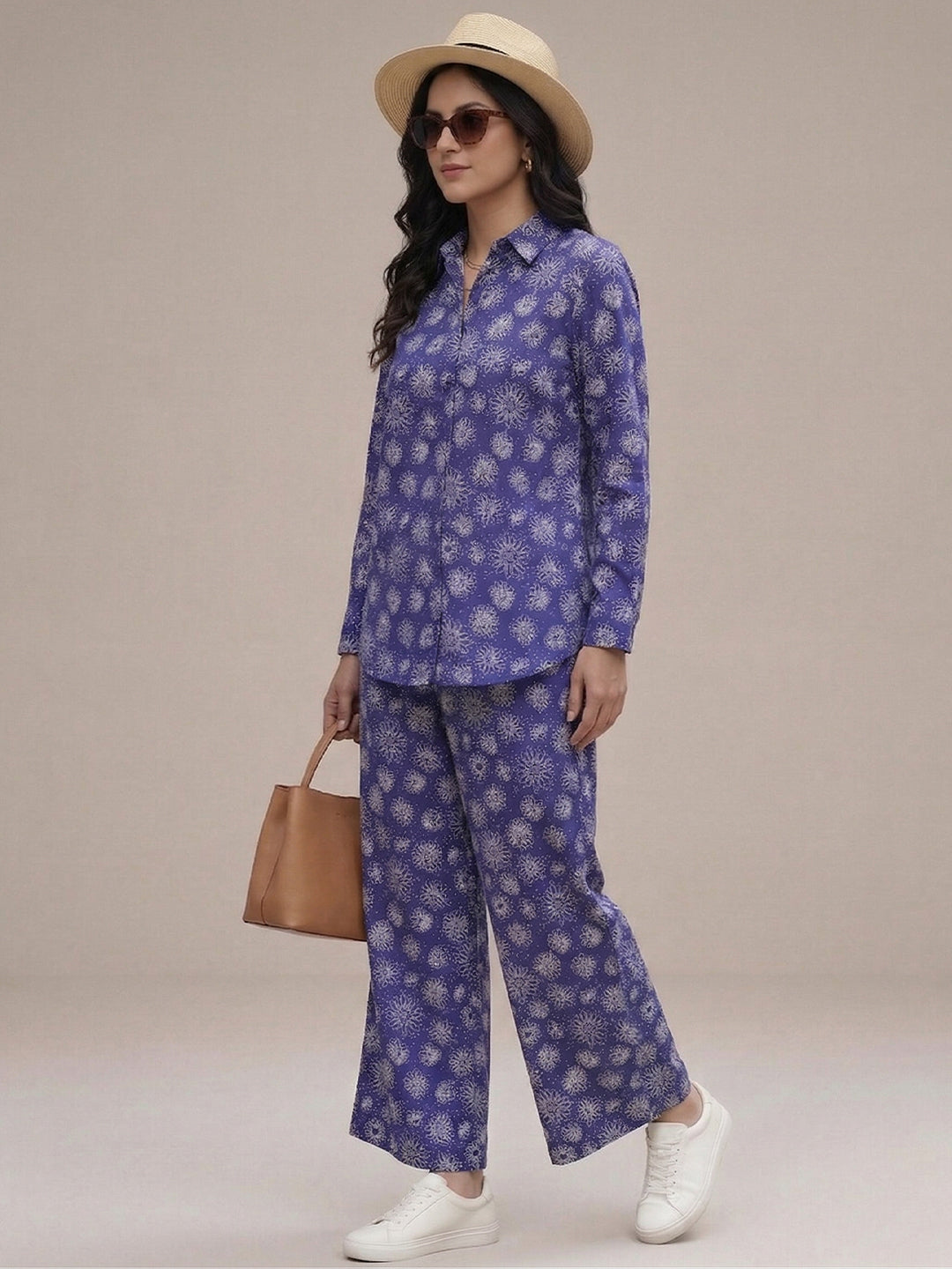 Women's Two Piece Set, Royal Blue, Shirts with Wide Leg Trousers, Full Sleeve