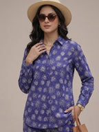 Women's Two Piece Set, Royal Blue, Shirts with Wide Leg Trousers, Full Sleeve