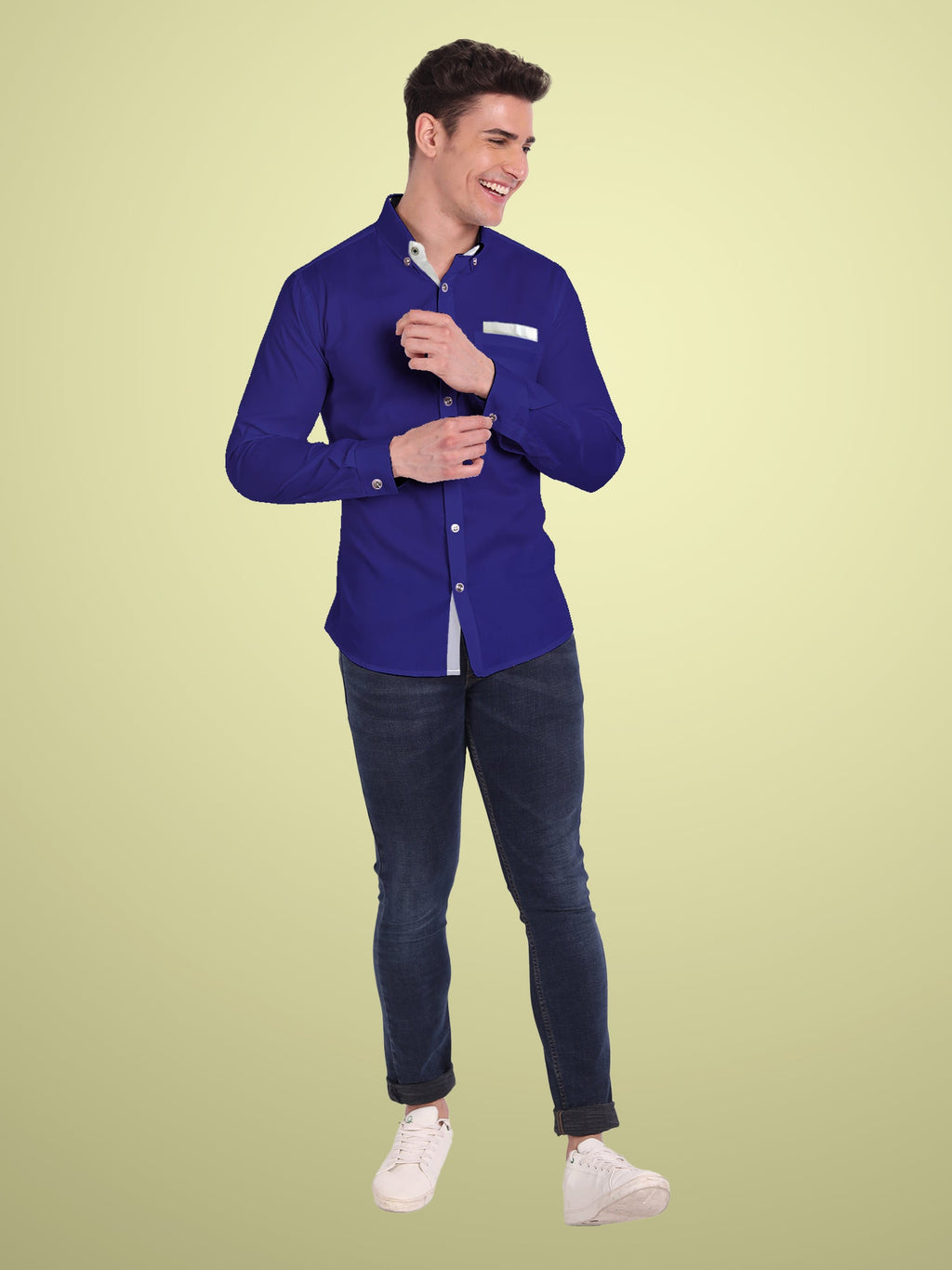 Men's Casual Full Sleeve Silver Button Shirt in White by BLUE ROBED, style view