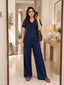 Women's Two Piece Set, Royal Blue, V-Neck Top with Wide Leg Trousers, Short Sleeve
