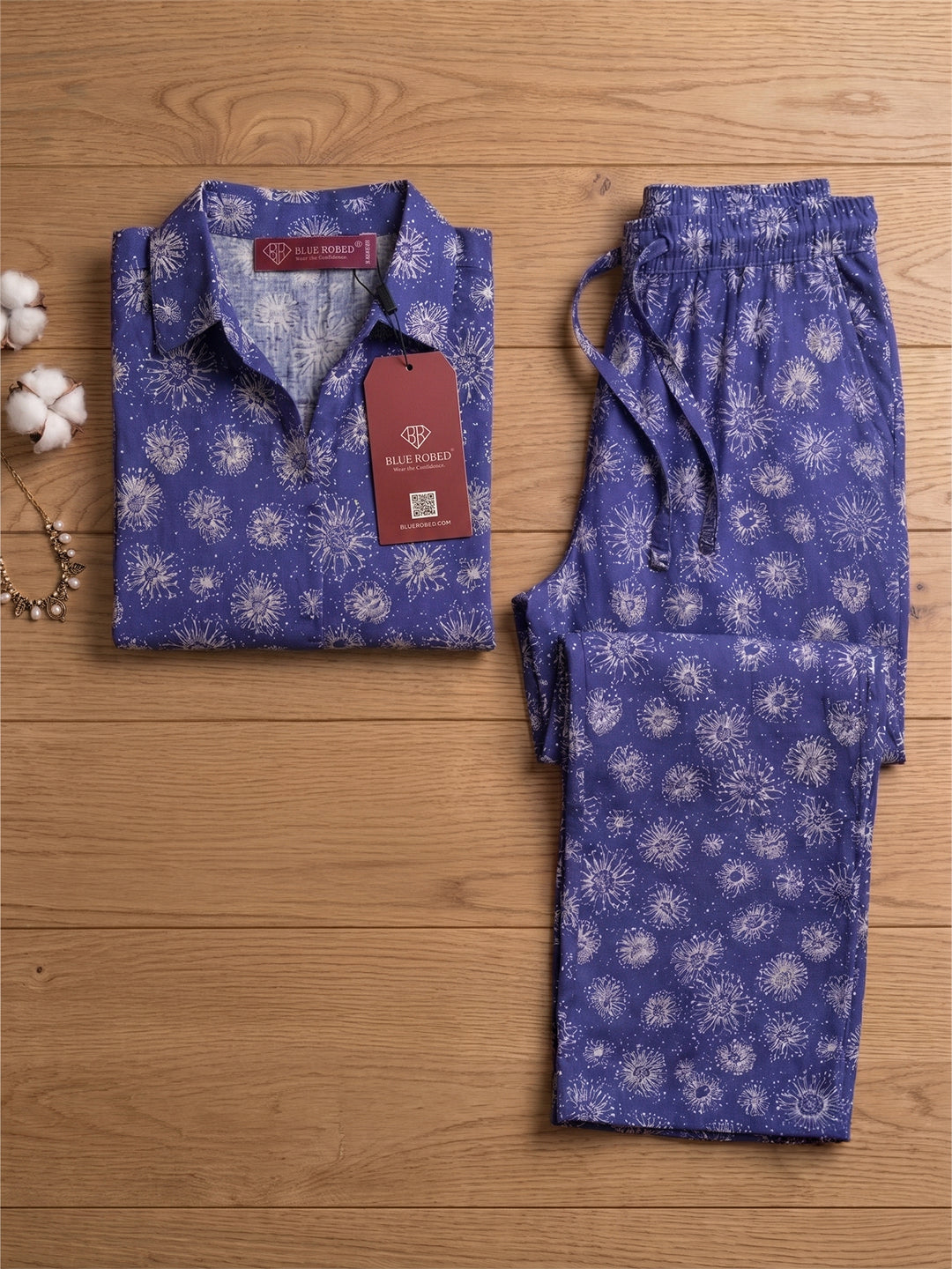 Women's Two Piece Set, Royal Blue, Shirts with Wide Leg Trousers, Full Sleeve