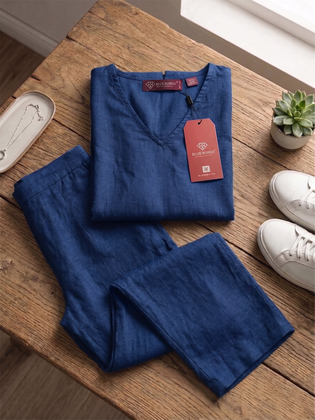 Women's Two Piece Set, Royal Blue, V-Neck Top with Wide Leg Trousers, Short Sleeve