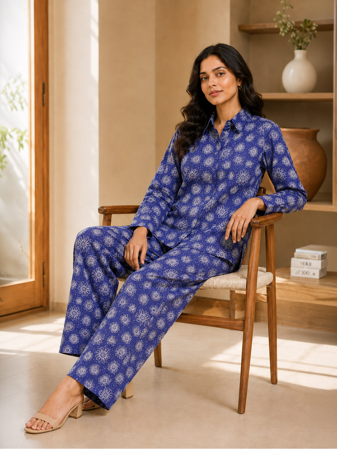 Women's Two Piece Set, Royal Blue, Shirts with Wide Leg Trousers, Full Sleeve Main image