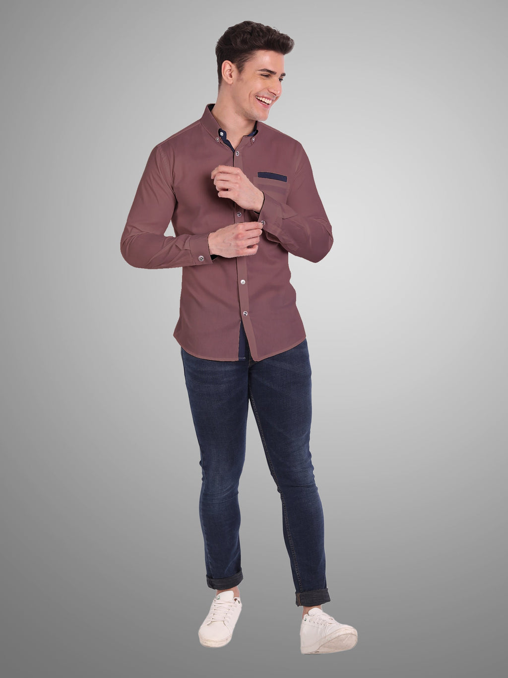 Men's Casual Full Sleeve Silver Button Shirt in White by BLUE ROBED, detail view