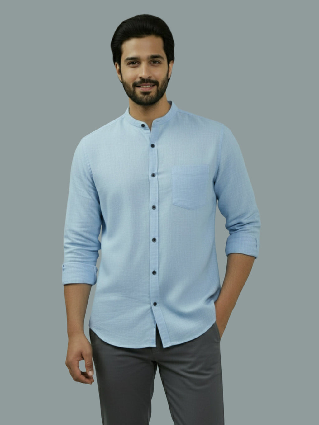 Full Sleeve Chinese Collar Cotton Slim Shirt for Men and Boys in Shirt For Men And Pink by BLUE ROBED, detail view