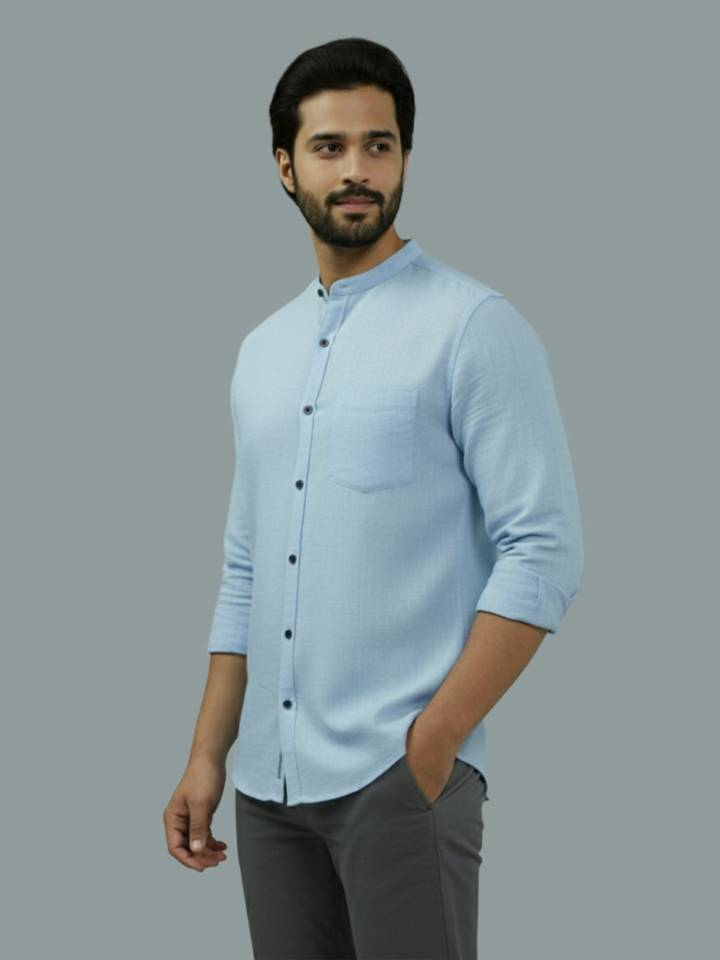 Full Sleeve Chinese Collar Cotton Slim Shirt for Men and Boys in Shirt For Men And Pink by BLUE ROBED, detail view