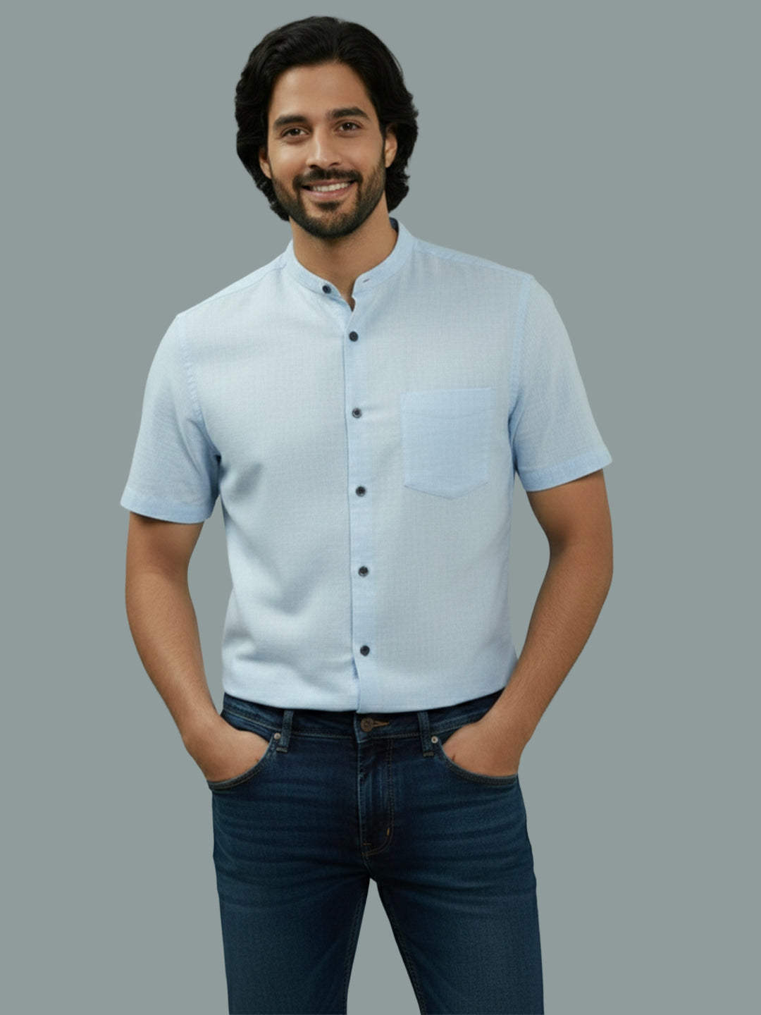 Half Sleeve Chinese Collar Cotton Slim Shirt for Men and Boys in Shirt For Men And White by BLUE ROBED, detail view