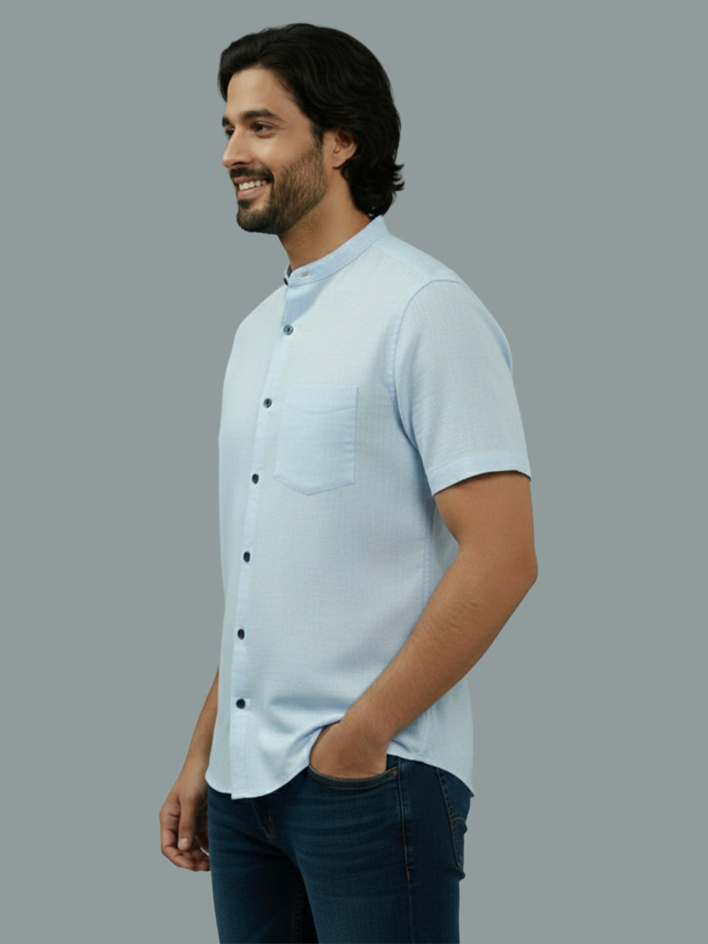 Half Sleeve Chinese Collar Cotton Slim Shirt for Men and Boys in Shirt For Men And White by BLUE ROBED, fit view