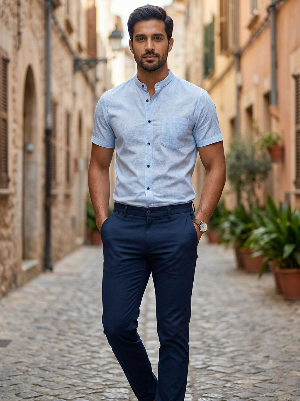 Half Sleeve Chinese Collar Cotton Slim Shirt for Men and Boys in Shirt For Men And White by BLUE ROBED, side view