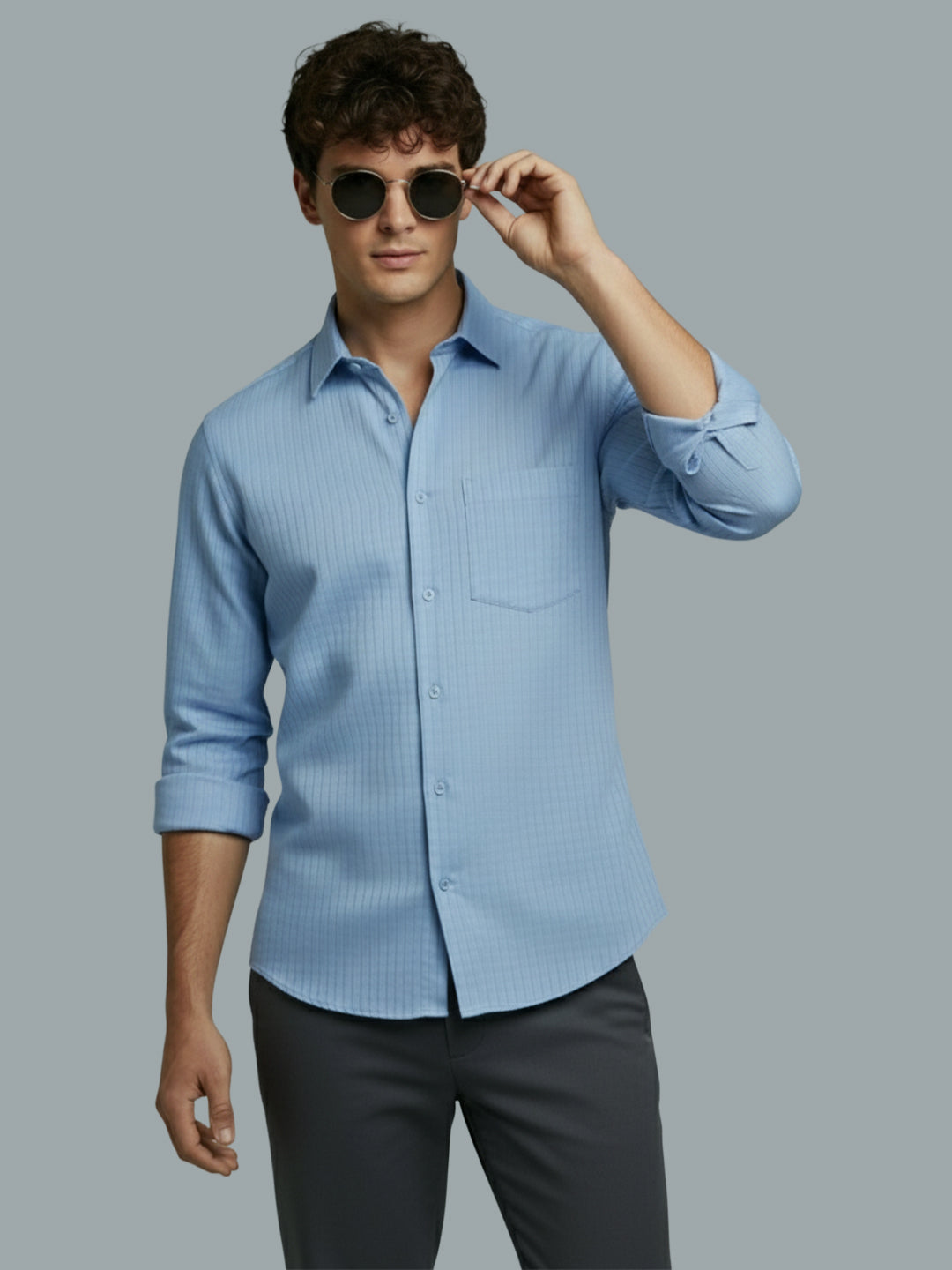 Men's Full Sleeve Spread Collar Premium Casual Shirt for Men Daily Wear in Black by BLUE ROBED, side view