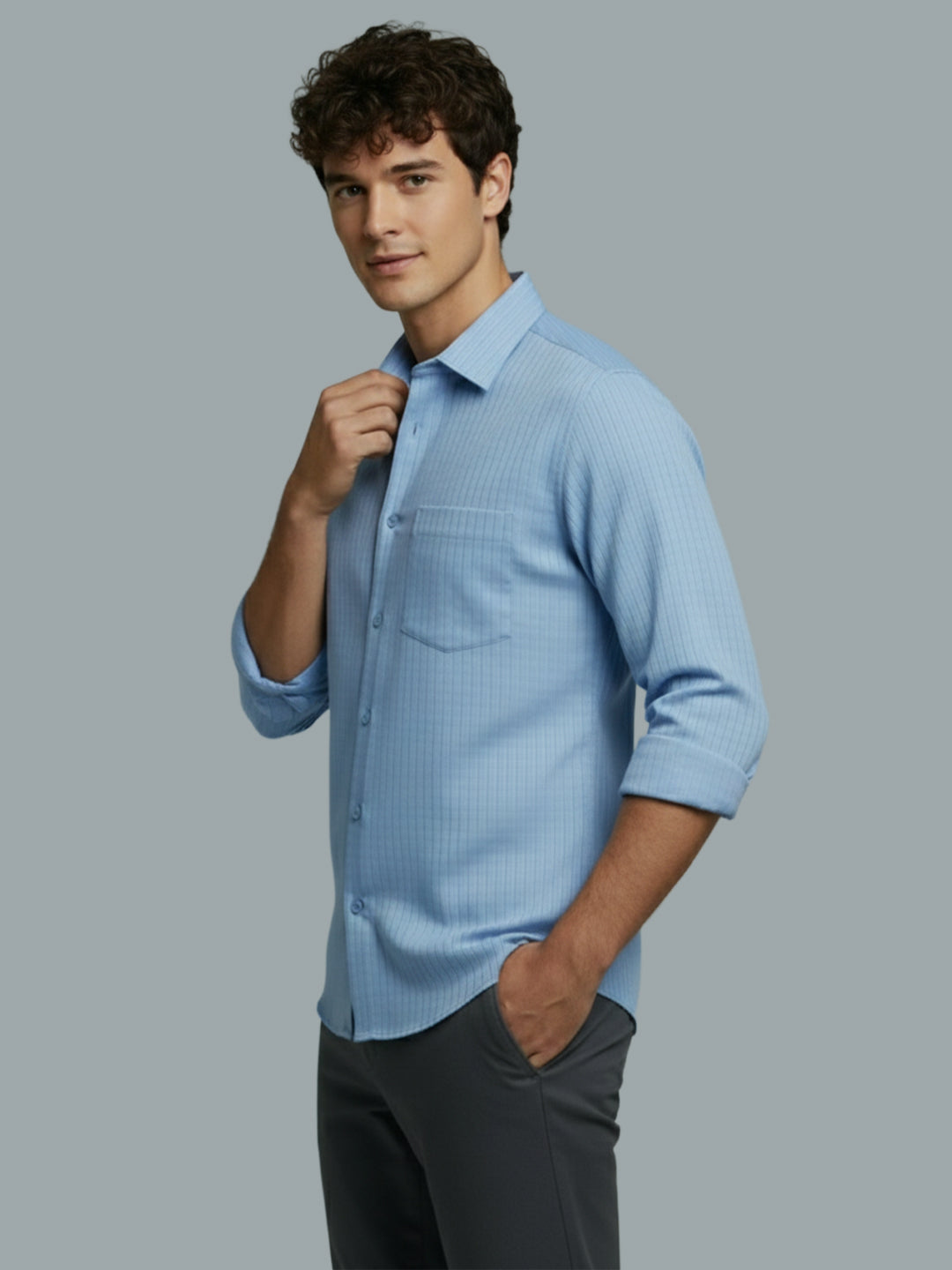 Men's Full Sleeve Spread Collar Premium Casual Shirt for Men Daily Wear in Black by BLUE ROBED, detail view