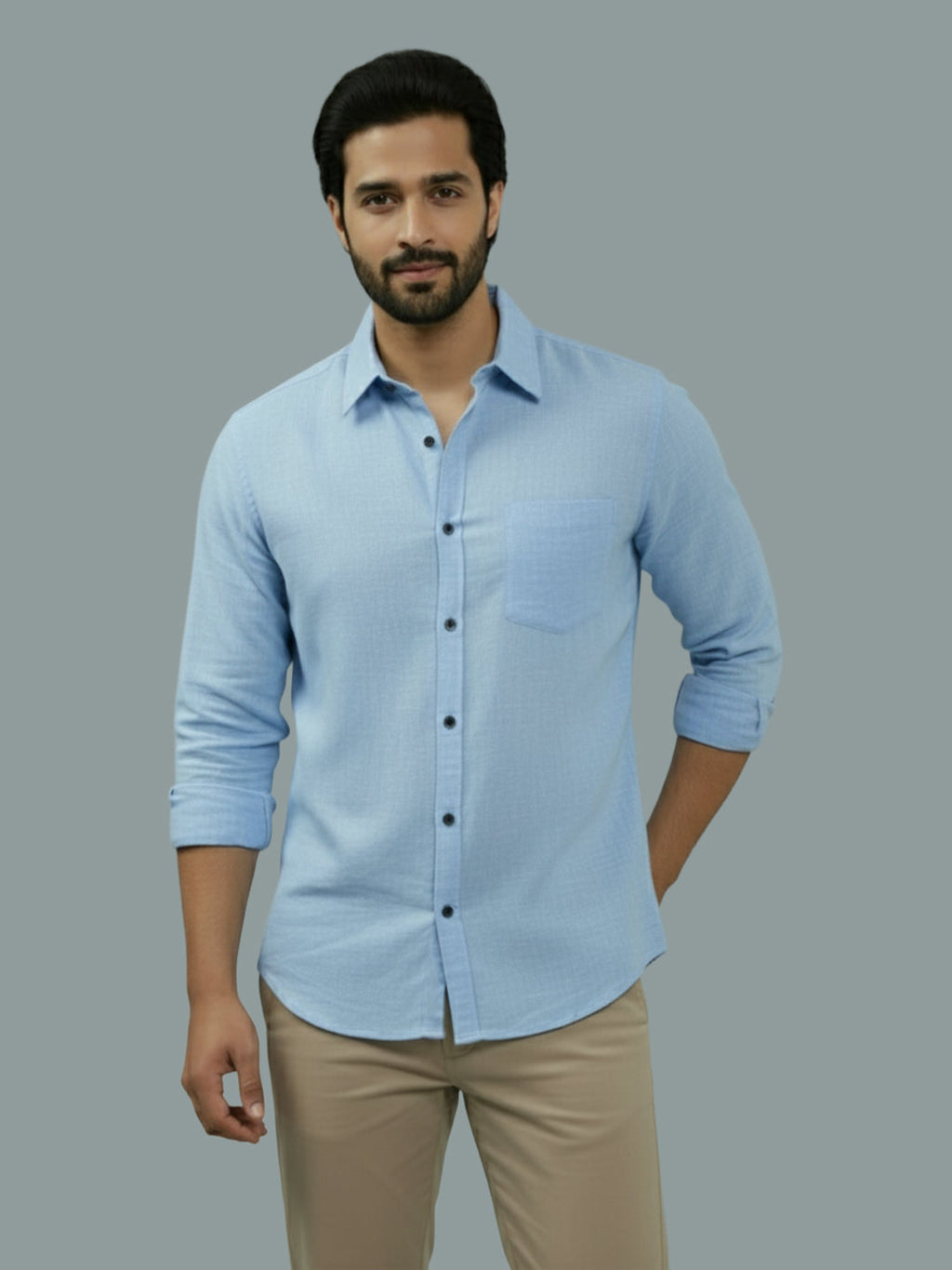 Full Sleeve Spread Collar Cotton Slim Shirt for Men and Boys in Shirt For Men And Green by BLUE ROBED, front view