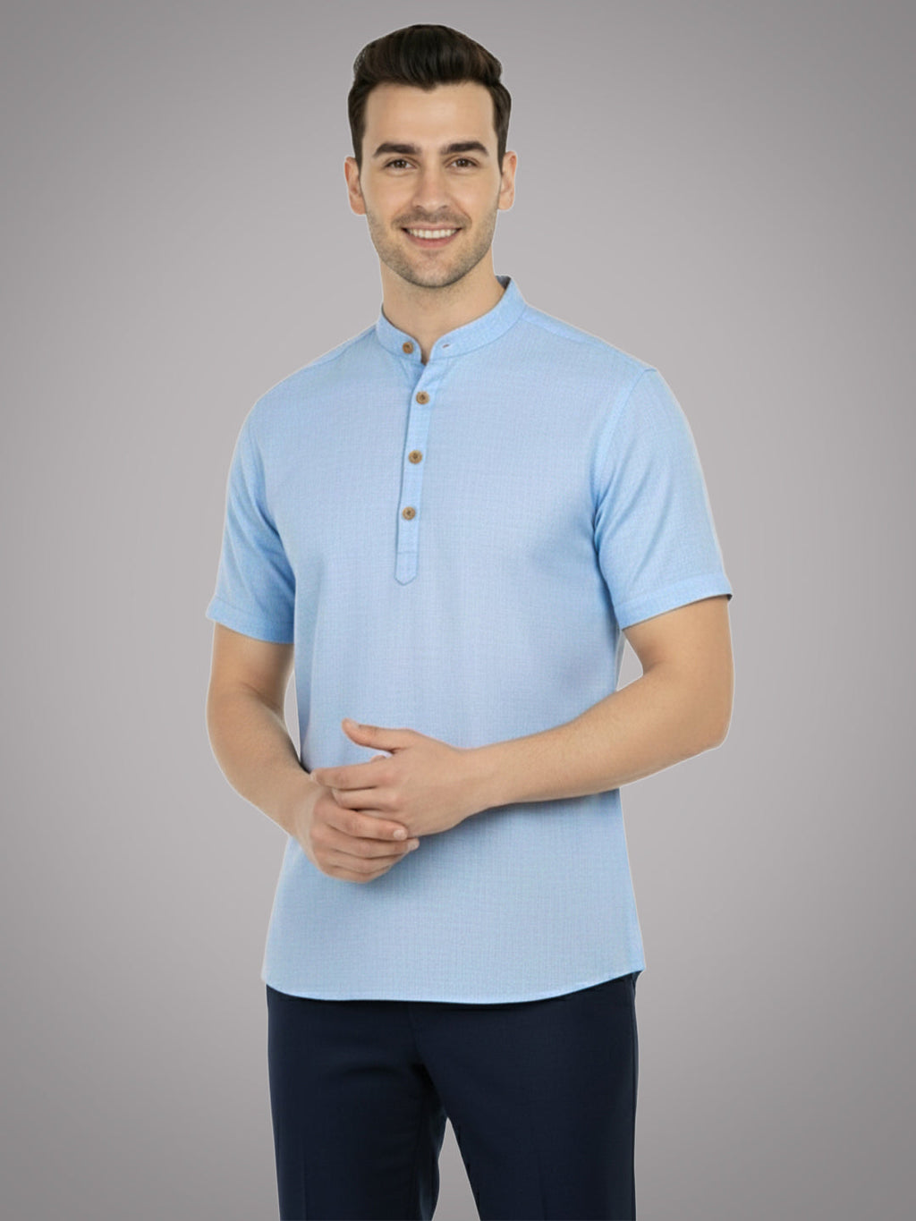BLUE ROBED Half Sleeve Kurta for men in Sky Blue view 45