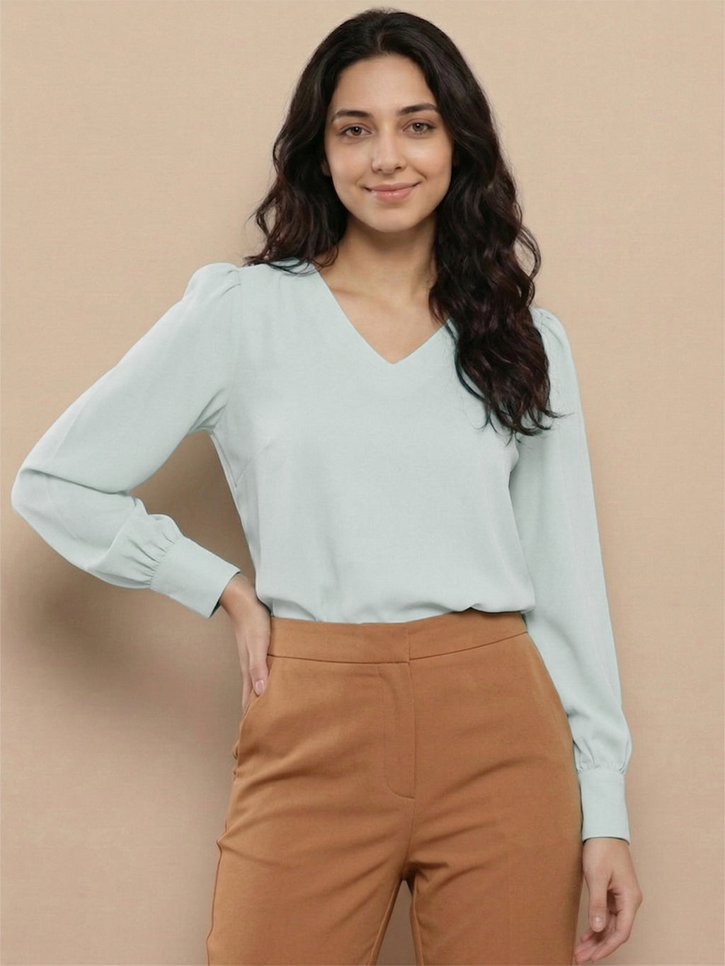 Women’s Crepe Formal Top | Elegant V-Neck Office Wear Blouse