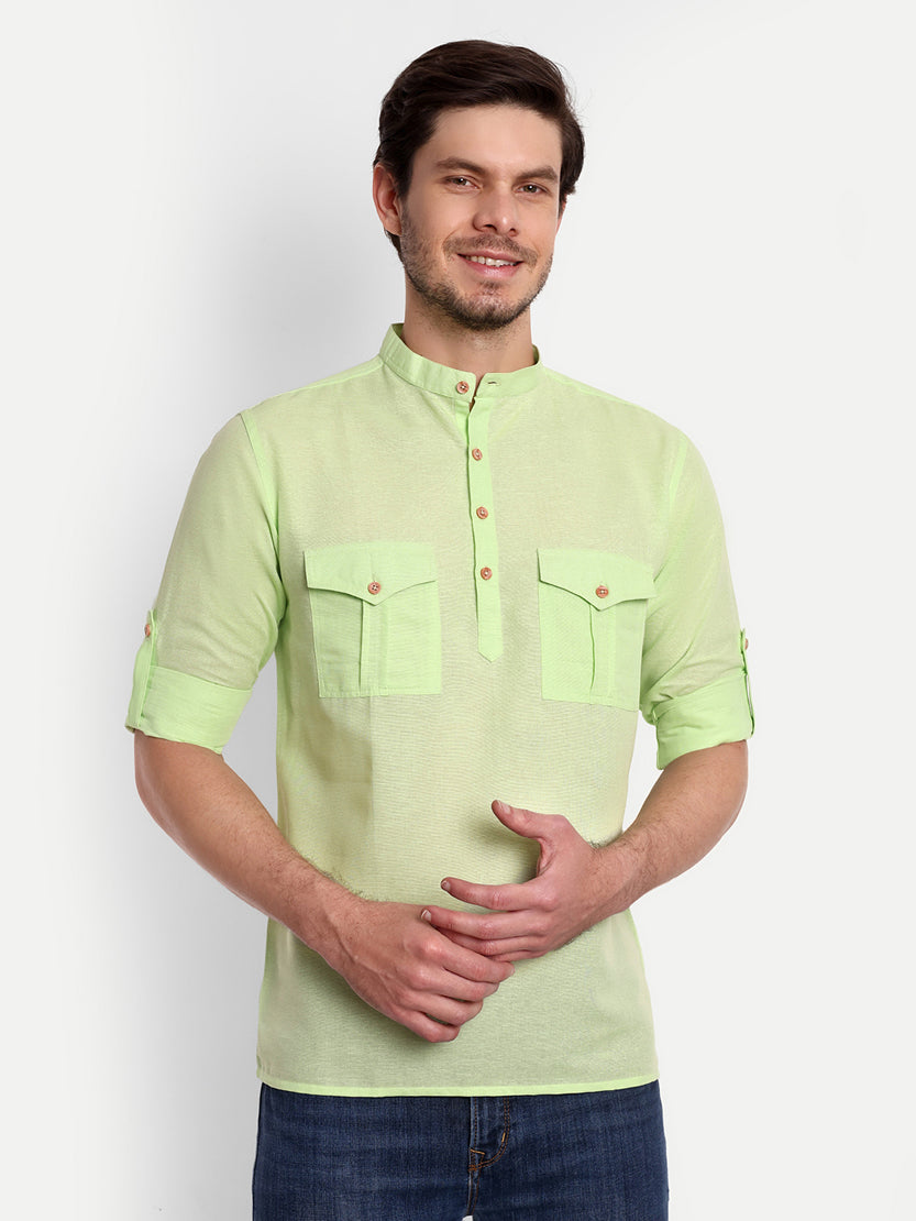 BLUE ROBED men's Casual Slim Fit Full Sleeve Double Pocket Cotton Trendy Kurta in Sea view 101