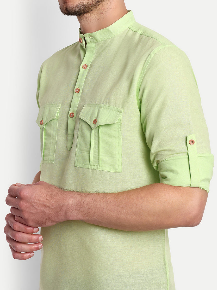 BLUE ROBED men's Casual Slim Fit Full Sleeve Double Pocket Cotton Trendy Kurta in Sea view 105