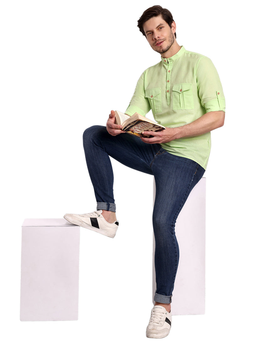 BLUE ROBED men's Casual Slim Fit Full Sleeve Double Pocket Cotton Trendy Kurta in Sea view 107