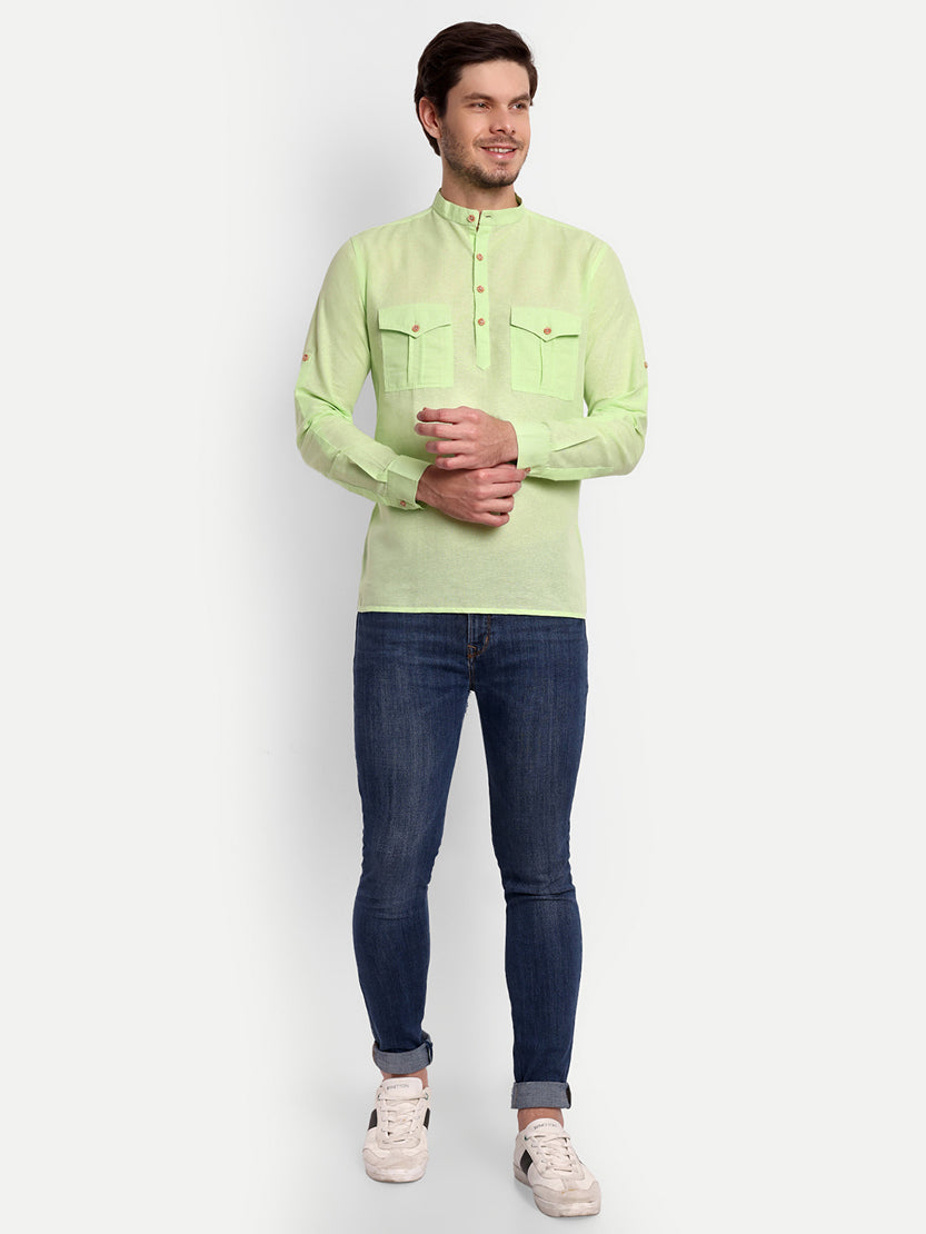 BLUE ROBED men's Casual Slim Fit Full Sleeve Double Pocket Cotton Trendy Kurta in Sea view 108