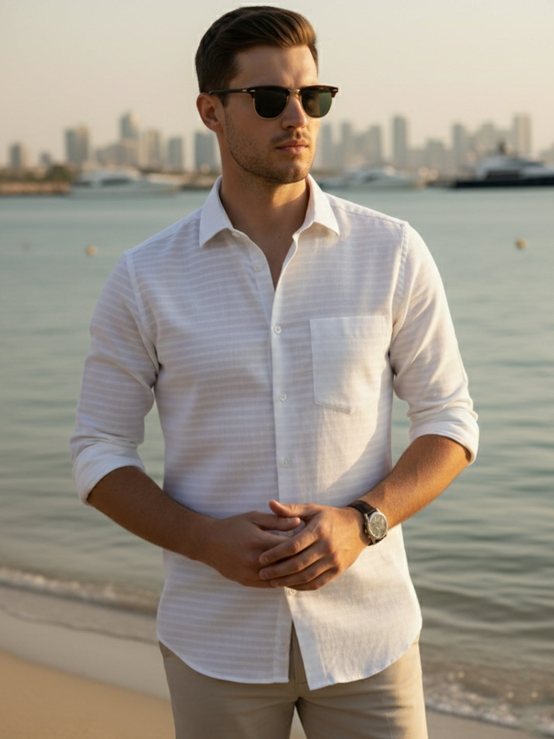 BLUE ROBED - 100% Cotton Men's Strip Full Sleeve Shirt - Any Occasion Wear - White Secondary image