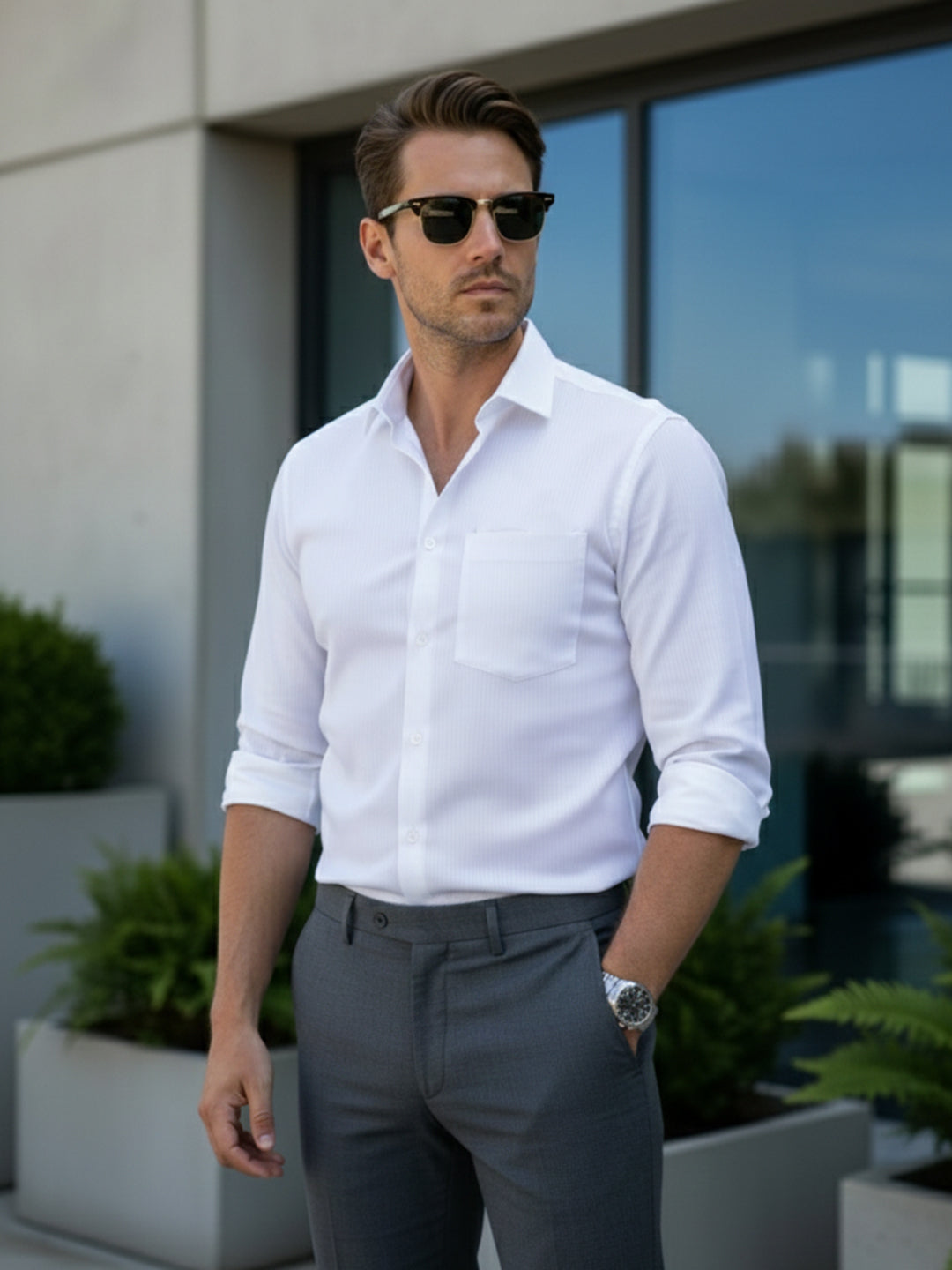 100% Cotton Men's Strip Full Sleeve Shirts Shirt in White by BLUE ROBED, side view
