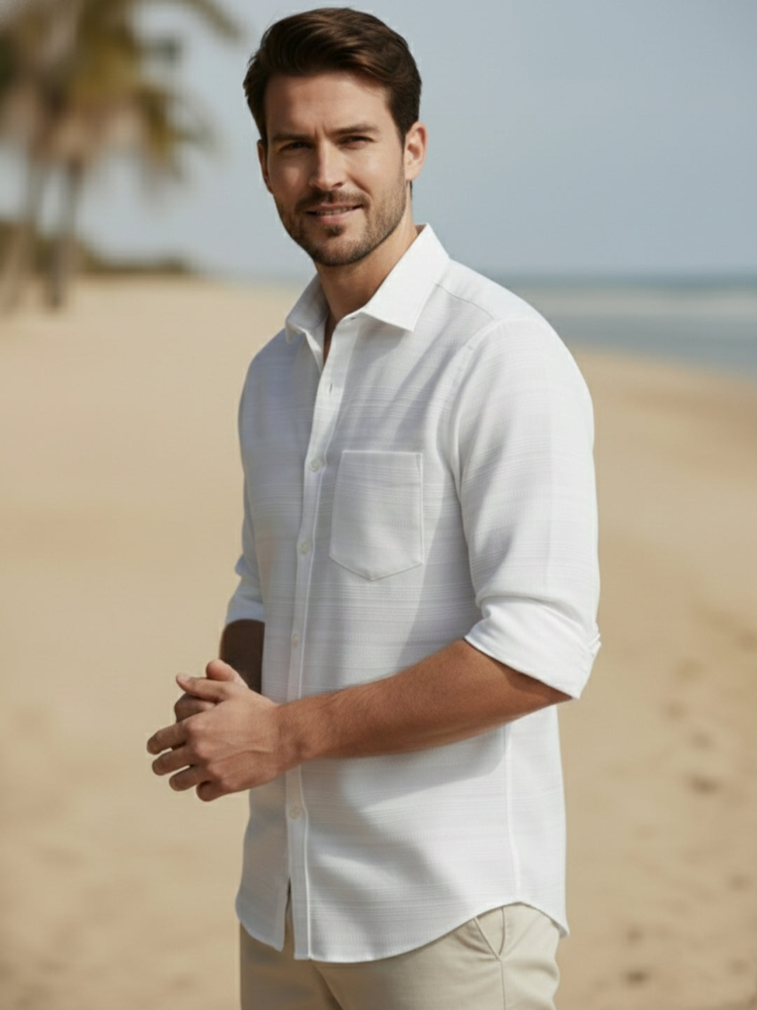 100% Cotton Men's Strip Full Sleeve Shirts Shirt Daily Wear in White by BLUE ROBED, back view