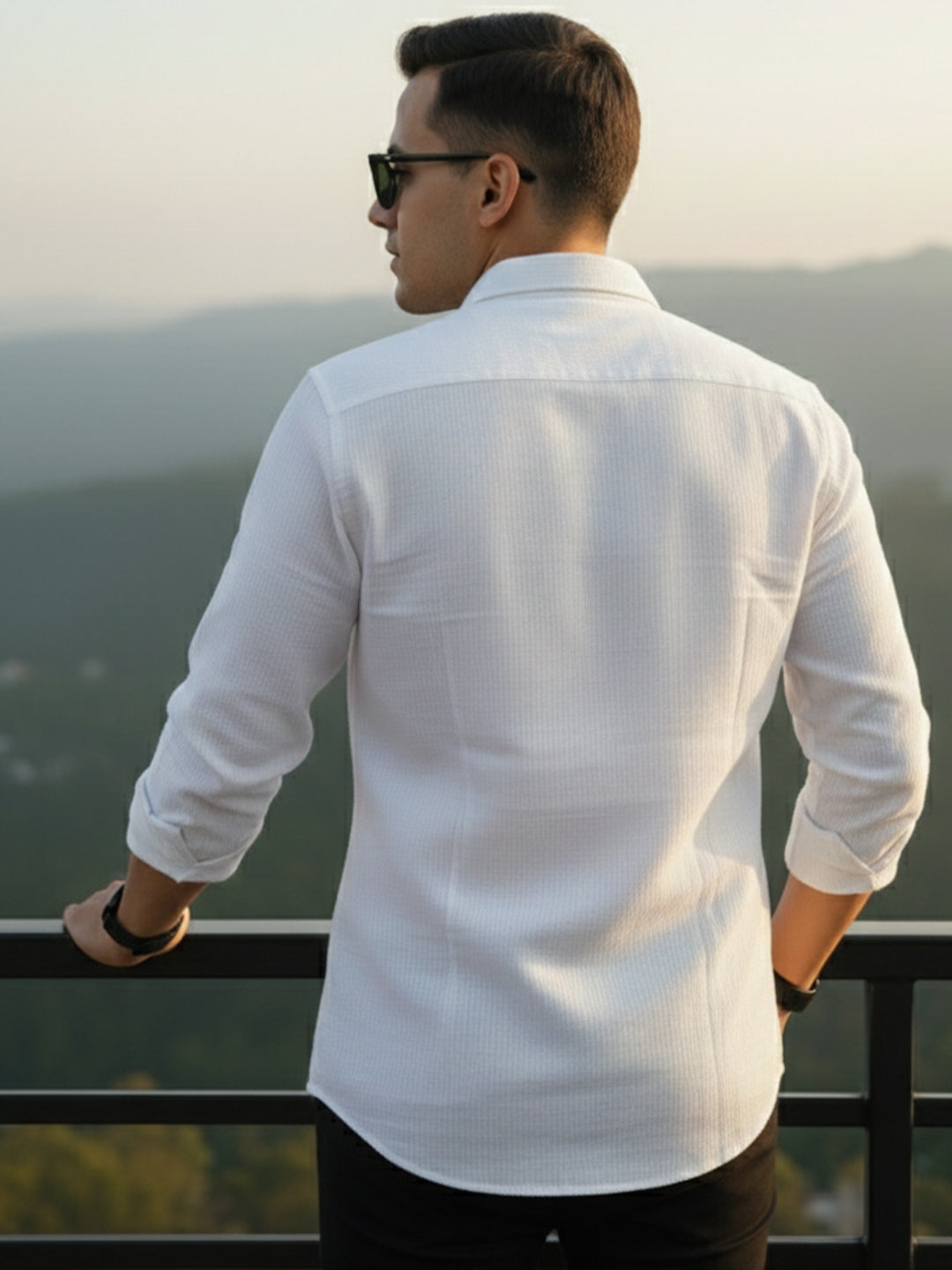 100% Cotton Men's Strip Full Sleeve Shirt Office Wear in White by BLUE ROBED, back view
