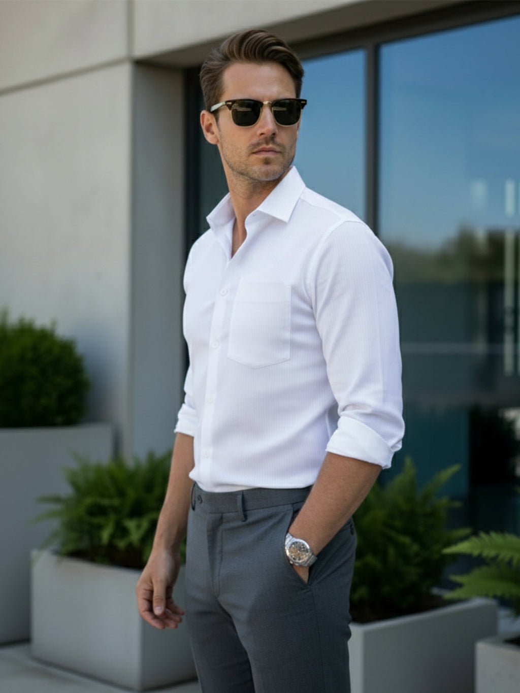 100% Cotton Men's Strip Full Sleeve Shirt in White by BLUE ROBED, detail view