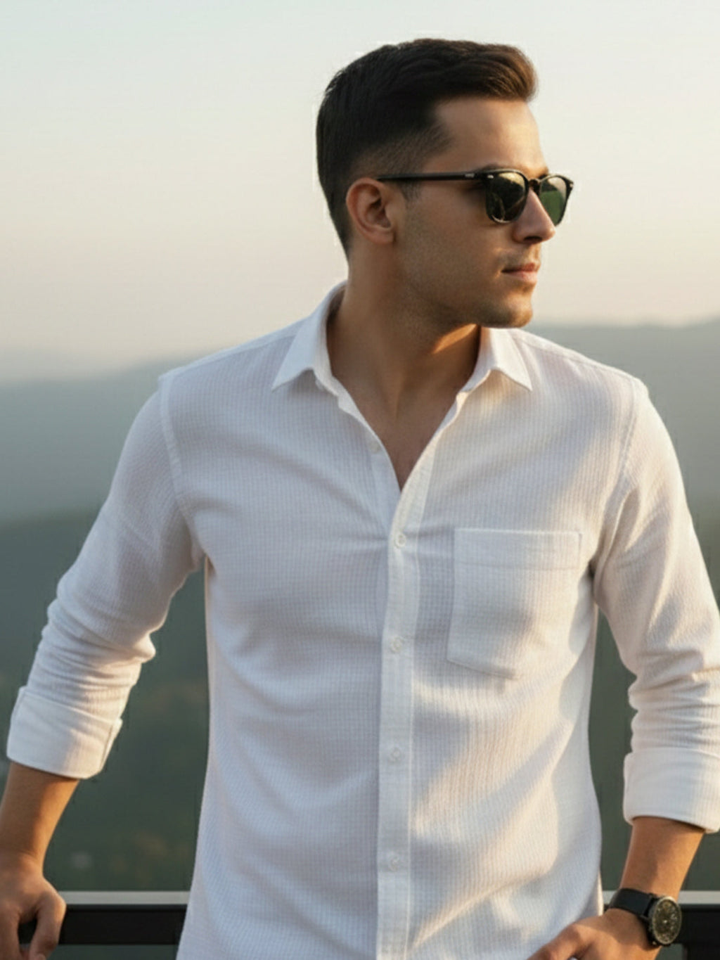 100% Cotton Men's Strip Full Sleeve Shirt Office Wear in White by BLUE ROBED, detail view