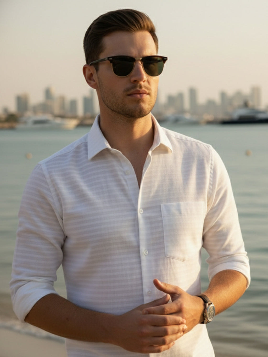 100% Cotton Men's Strip Full Sleeve Shirt Any Occasion Wear in White by BLUE ROBED, back view