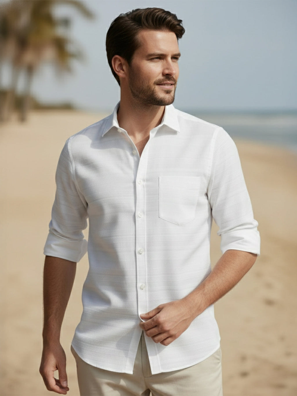 100% Cotton Men's Strip Full Sleeve Shirts Shirt Daily Wear in White by BLUE ROBED, detail view
